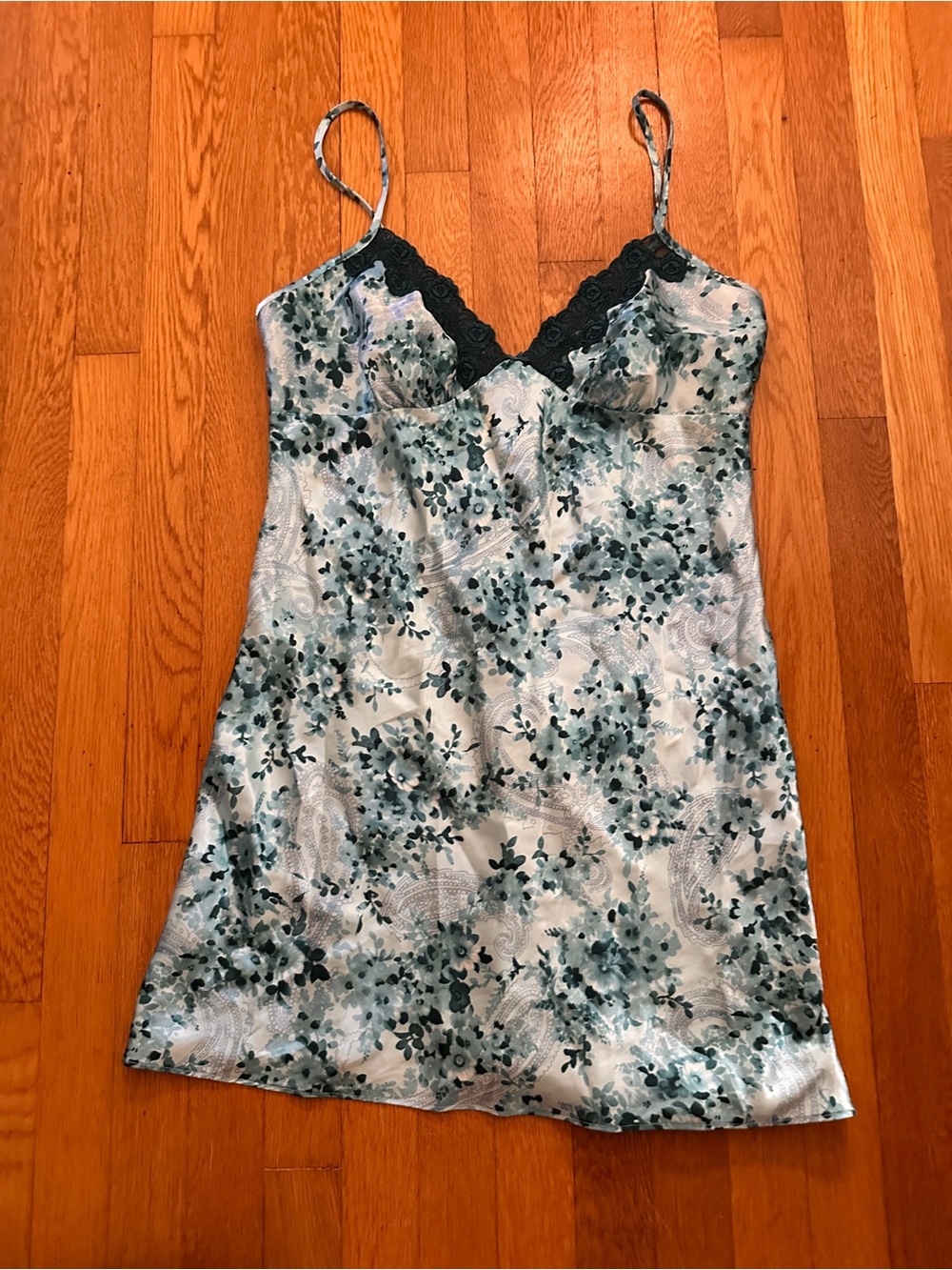 Secret Treasures Teal Floral Satin Slip with Black Lace Trim